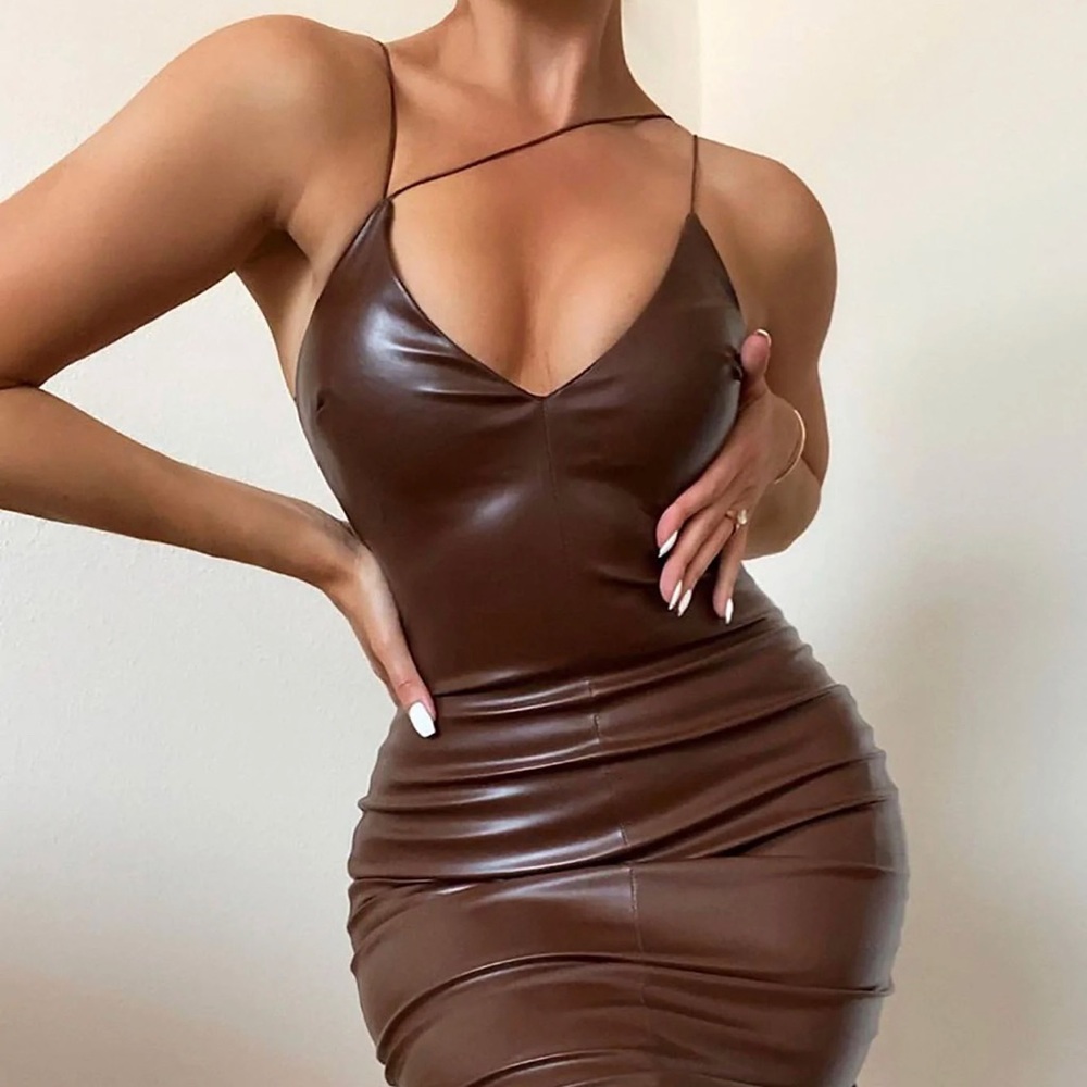 Super sexy chocolate brown faux leather midi dress